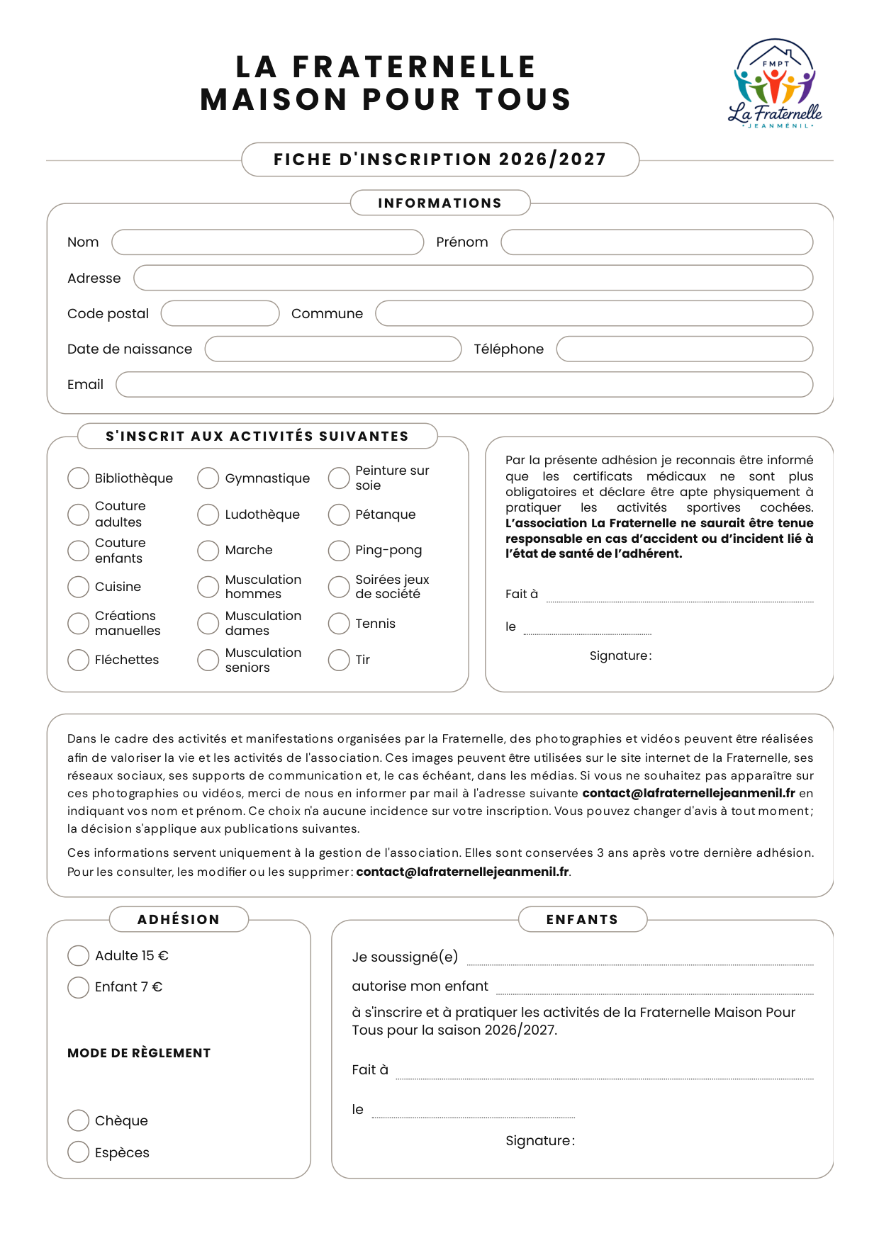 Aperçu de la fiche d'inscription 2026/2027